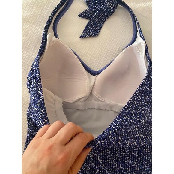 Lands’ End 8 One Piece Swimsuit Blue White Halter Neck slimming - Picture 4 of 6